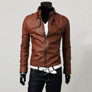Hommes veste hommes mode cuir coupe ajustée col montant PU mâle anti-vent moto revers diagonale vestes à glissière 240229