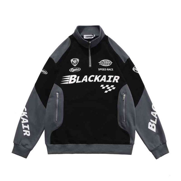 Hommes Veste Rétro Street Racing Moto Costume Mince Lettre Imprimer Demi Fermeture Éclair À Manches Longues Noir Blanc pour Femmes Taille M-xxl