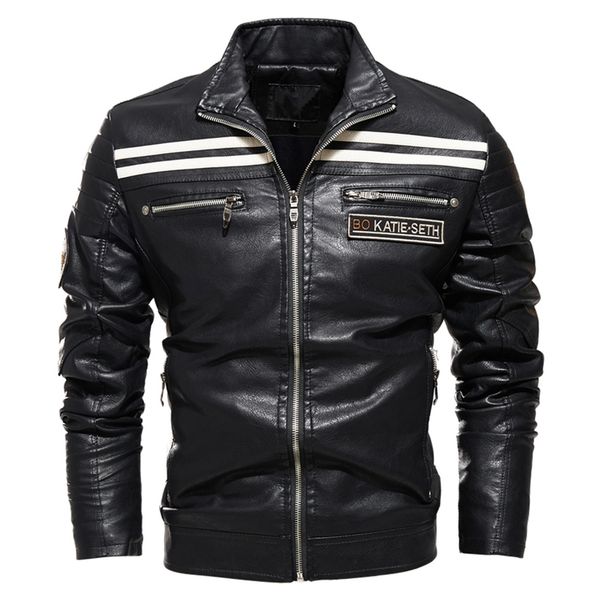 Chaqueta de hombre Chaqueta de cuero con cremallera Chaqueta de motocicleta negra Hombres Diseño de rayas Slim Fit Street Wear Coat Otoño Invierno Moda Tops 201104