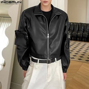 Hommes vestes solide en cuir PU revers fermeture éclair à manches longues poches manteaux hommes Streetwear Style Punk vestes de mode INCERUN S-5XL 231221