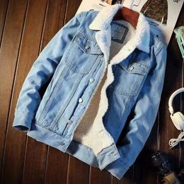 Jean-jas voor heren, dikker lams-kasjmier voering, effen kleur, koudebestendig bovenkleding, denim jas met enkele rij knopen, streetwear 01 240105