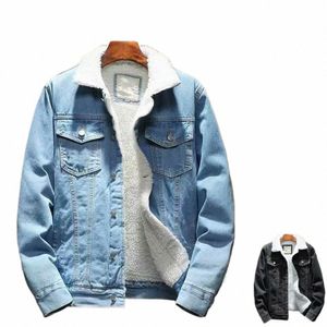 Hombres Jean Chaqueta Espesar Cordero Cmere Forro Color Sólido A prueba de frío Ropa exterior Invierno Solo pecho Denim Coat Streetwear 161U #