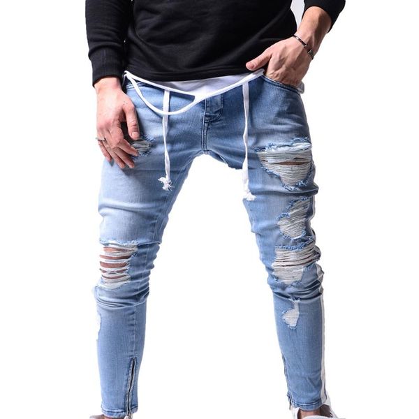 Pantalones vaqueros para hombre, moda 2021, pantalones pitillo ajustados, elásticos, rasgados, ajustados, para motorista, informales, con diseño de agujeros, ropa de calle