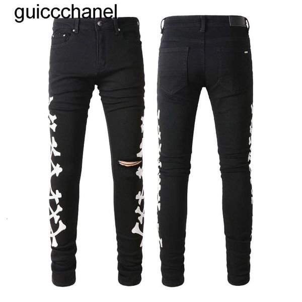 Hommes Jeans 23ss Nouveau Skinny Jeans Designer Pantalon Rip Slim Fit avec Os Noir Biker Denim Stretch Moto Trendy Genou Trou Longue Droite Mens Jeans pantalon