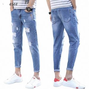 Heren Jeans Enkellange Gaten Recht Wo Vrije Tijd Denim Broeken Tieners Chic Streetwear Heren All-Match Big Size 34 Vintage Nieuw o6FF#