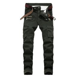 Pantalones vaqueros para hombre Biker Punk Style Cargo Pocket Jeans Flaco Marca famosa Ropa de diseñador para hombre Pantalones de mezclilla con cremallera Army Green3045