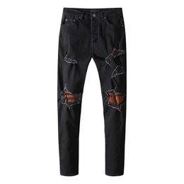 Calças de brim masculinas preto remendo fino regular ajuste buraco motociclista calças jeans masculinas de alta qualidade jean calças casuais tamanho grande 29-40