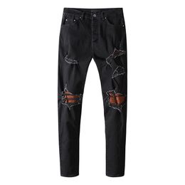 Mannen Jeans Zwart Patch Slank Normaal Fit Gat Biker Topkwaliteit Heren Denim Broek Jean Casual Broek Big Size 29-40