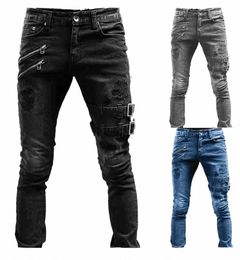 Hommes Jeans Denim Crayon Pantalon Taille Moyenne Moto Biker Wing Poches Slim Légère Strech Gaine Cheville Longueur Zipper Fly 2024 E1rP #