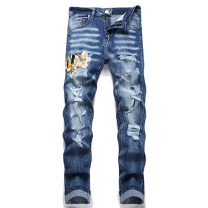 Men Jeans Designer Ripped Embroidery Jeans Streetwear Hip Hop Washed Elastic Denim Pantal