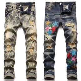 Jeans de hombre jeans ajustados de diseñador Moda Straight Men's Biker Hole Stretch Denim Casual Jean Men Skinny Pants Jeans de hombre European Jean Hombre Letter Star Men Pant