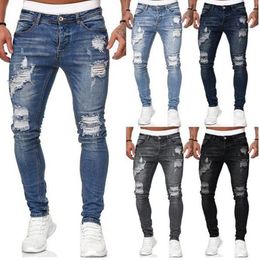 Jeans pour hommes, taille élastique, slim, mode, pantalon déchiré, extensible, Streetwear, robes en Denim, S-3XL255k