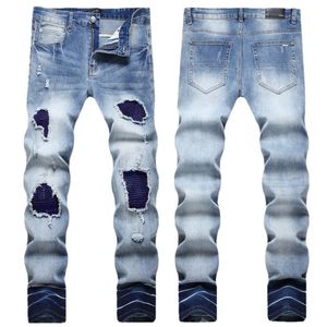 Men Jeans voor herenstapelontwerper High Street Hole Patch dames star borduurpaneel stretch mager slanke fit broek afgedekt lange jeanbroek