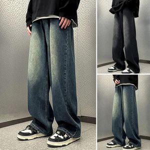 Men jeans gradiënt contrast kleur breed poot los hip retro hiphop rechte volledige lengte zakken knop ritssluiting meen me 240426