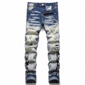Hommes Jeans Haute Qualité Streetwear Ripped Denim Pantalons Tendance Marque Pantalon Casual Imprimé Biker Détruit Trou Slim Fit Rayé K4xD #