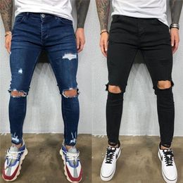 Men jeans knie gat gescheurd stretch dunne denim broek vaste kleur zwart blauw herfst zomer hiphop stijl slanke broek broek s-4XL 220606