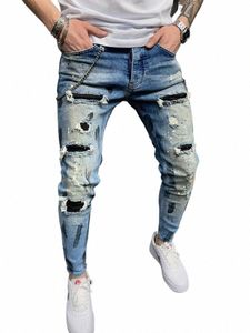 Hommes Jeans Genou Trou Ripped Stretch Skinny Denim Pantalon Solid Splice Couleur Bleu Automne Été Hip-Hop Style Slim Fit Pantalon 2023 F16j #