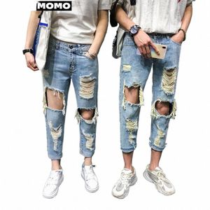 Hommes Jeans Genou Trou Ripped Stretch Skinny Denim Pantalon Couleur Solide Automne Été Hip-Hop Style Slim Fit Pantalons 2023 Pantales E1lz #