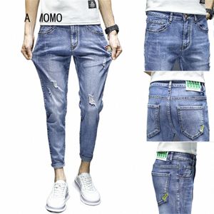 Hommes jean genou trou déchiré Stretch maigre Denim pantalon couleur unie bleu automne été Style hip-hop pantalon ajusté men pants 1242 #