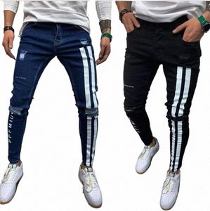 Hommes Jeans Genou Trou Ripped Stretch Skinny Denim Pantalon Couleur Unie Noir Bleu Automne Été Hip-Hop Style Slim Fit Pantalon S-3XL w9HE #