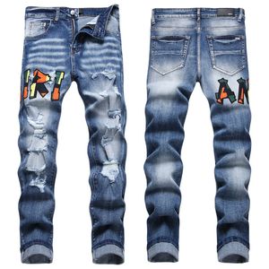 Mannen Jeans Letter Star AM kleine vlek Mannen Borduren Patchwork Ripped Sexy Romantische Wilde Motorbroek Heren AM3607-00 maat 29-38