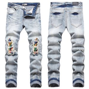 Mannen Jeans Letter Star AM kleine vlek Mannen Borduren Patchwork Ripped Sexy Romantische Wilde Motorbroek Heren AM3459-00 maat 29-38