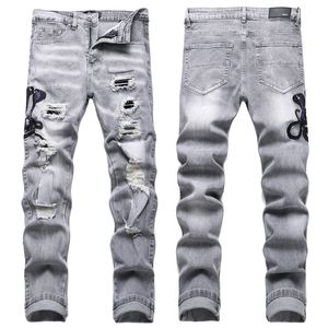 Hommes Jeans Lettre Étoile AM minuscule tache Hommes Broderie Patchwork Déchiré Sexy Romantique Sauvage Moto Pantalon Hommes AM3624-00 taille 29-38