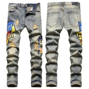 Hommes Jeans Lettre Étoile AM minuscule tache Hommes Broderie Patchwork Déchiré Sexy Romantique Sauvage Moto Pantalon Hommes AM3172-00 taille 29-38