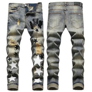 Hommes Jeans Lettre Étoile AM minuscule tache Hommes Broderie Patchwork Déchiré Sexy Romantique Sauvage Moto Pantalon Hommes AM3096-00 taille 29-38