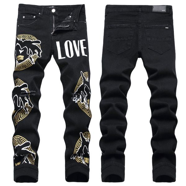 Hommes Jeans Lettre Étoile AM minuscule tache Hommes Broderie Patchwork Déchiré Sexy Romantique Sauvage Moto Pantalon Hommes AM3262-00 taille 29-38