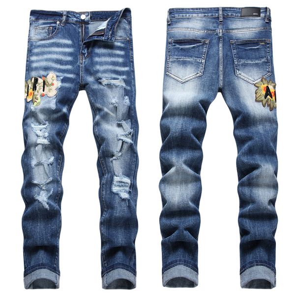 Hommes Jeans Lettre Étoile AM minuscule tache Hommes Broderie Patchwork Déchiré Sexy Romantique Sauvage Moto Pantalon Hommes AM3608-00 taille 29-38