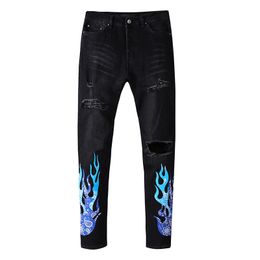 Men jeans man designer jeans heren rechte broek scheur slank fit met patches totem dunne zwarte motorische splitsen splitsen rek motorfiets knie gat hiphop rock 20ss streetwear