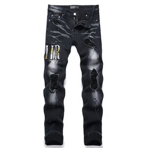 Men Jeans Patch Broidered Jean Ripped Hole Elastic Small Jam Lem Pantalon Streetwear Hip Hop Jeans pantalon mâle