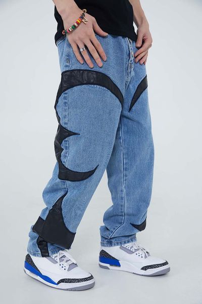 Hommes Jeans PU Patchwork Hommes Jambe Droite Baggy Haute Qualité Denim Pantalon Hommes Pantalons Pour Homme