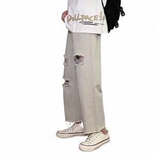 Hommes Jeans Ripped Hole Skinny Pantalon Fi Streetwear Lettre Motif drôle 3D Imprimer Slim Hip Hop Denim Gris Jean J46v #