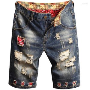 Heren Jeans Shorts Blauw Kleuren Patch Gedrukt Gewassen Casual Broek Mode Kort Gescheurd Voor
