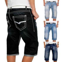 Mannen jeans shorts zomer casual rechte denim streetwear mannelijke losse knie lengte jean broek zwart blauwe zak 210716