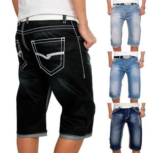 Pantalones vaqueros para hombre, pantalones cortos de mezclilla rectos informales de verano, ropa de calle para hombre, pantalones vaqueros sueltos hasta la rodilla, pantalones vaqueros negros con bolsillo azul 211011