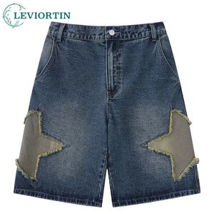 Men Jeans Shorts Y2k Harajuku Retro broderie étoile Patch Baggy Denim Shorts Streetwear Summer Fashion Casual Short Pants Blue 240506