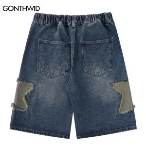Men Jeans Shorts Y2k Harajuku Retro broderie étoile Patch Baggy Denim Shorts Streetwear Summer Fashion Casual Short Pants Blue 240401 # 11