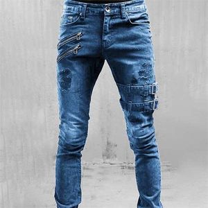 Men jeans slank fit dubbele riem gescheurde jeans mode vintage hiphop denim broek skinny jeans mannen casual straatstijl broek 220504