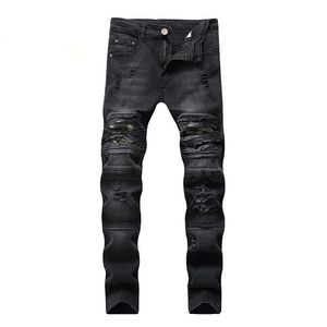 Mannen jeans slim skinny multi-layer gescheurde denim noodlijdende zwarte casual broek katoen plus size ruïne broek hoge kwaliteit hiphop x0621