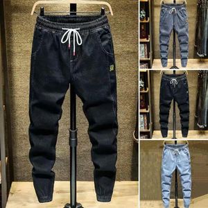 Men Jeans Solid Color Drawtring Elastische taille losse vrachtbroeken Spring herfst Koreaanse stijl enkel gebonden harembroeken streetwear 240415