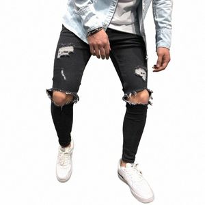 Mannen Jeans Streetwear Knie Gescheurd Skinny Hip Hop Fi Estroyed Gat Broek Effen Kleur Mannelijke Stretch Casual Denim Grote Broek B7CA #
