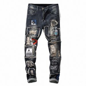 Jeans Vintage pour hommes, pantalon en Denim imprimé, extensible, décontracté, Slim, crayon, Patchwork, Cargo, Fi Streetwear, Slim, 15K1 #