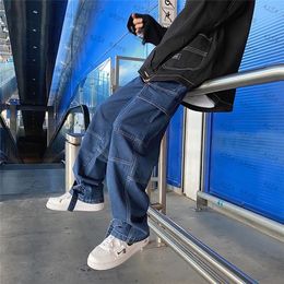 Men jeans wide been denim lading jean broek los rechte baggy heren jeans hiphop streetwear skateboard neutrale denim broek 220606