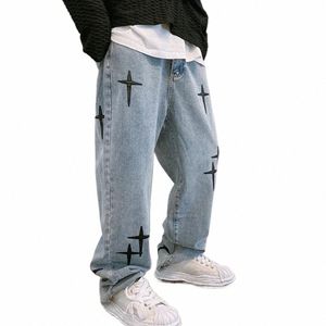 Hommes Jeans Large Jambe Lâche Étoile Broderie Vintage Denim Pantalon Droit Couleur Unie Fermeture À Glissière Fermeture Hip Hop Lg Pantalon m23w #
