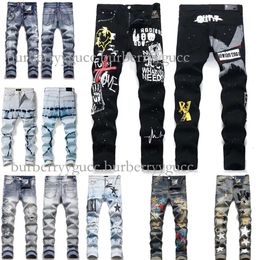 Men JEas Designer Mens Purple High Street Jeans geborduurde broek dames oversized gescheurde patch gat denim mode slank