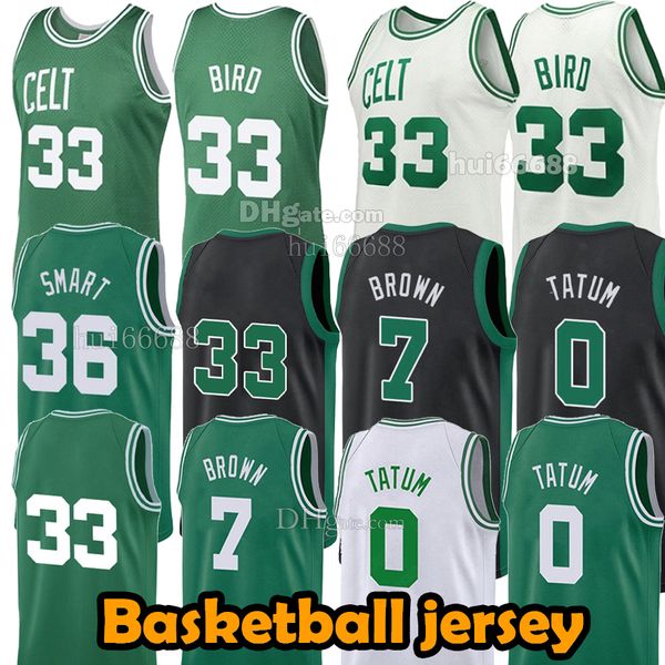 Hommes21/22/23/24 Jerseys Jayson Kemba 0 Walker 8 Nouveau maillot de basket-ball Smart 36 Bird 33 Brown Marcus 7 Noir blanc vert Sports extérieurs hommes haut