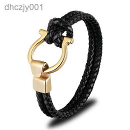 Bracelet en cuir véritable tressé noir pour hommes, bijoux Punk, boucle d'ancrage en acier inoxydable, à la mode, cadeau 41K2